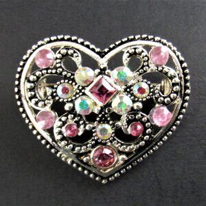 SILVER TONE BROOCH PIN HEART AB PINK RHINESTONES (BR31)